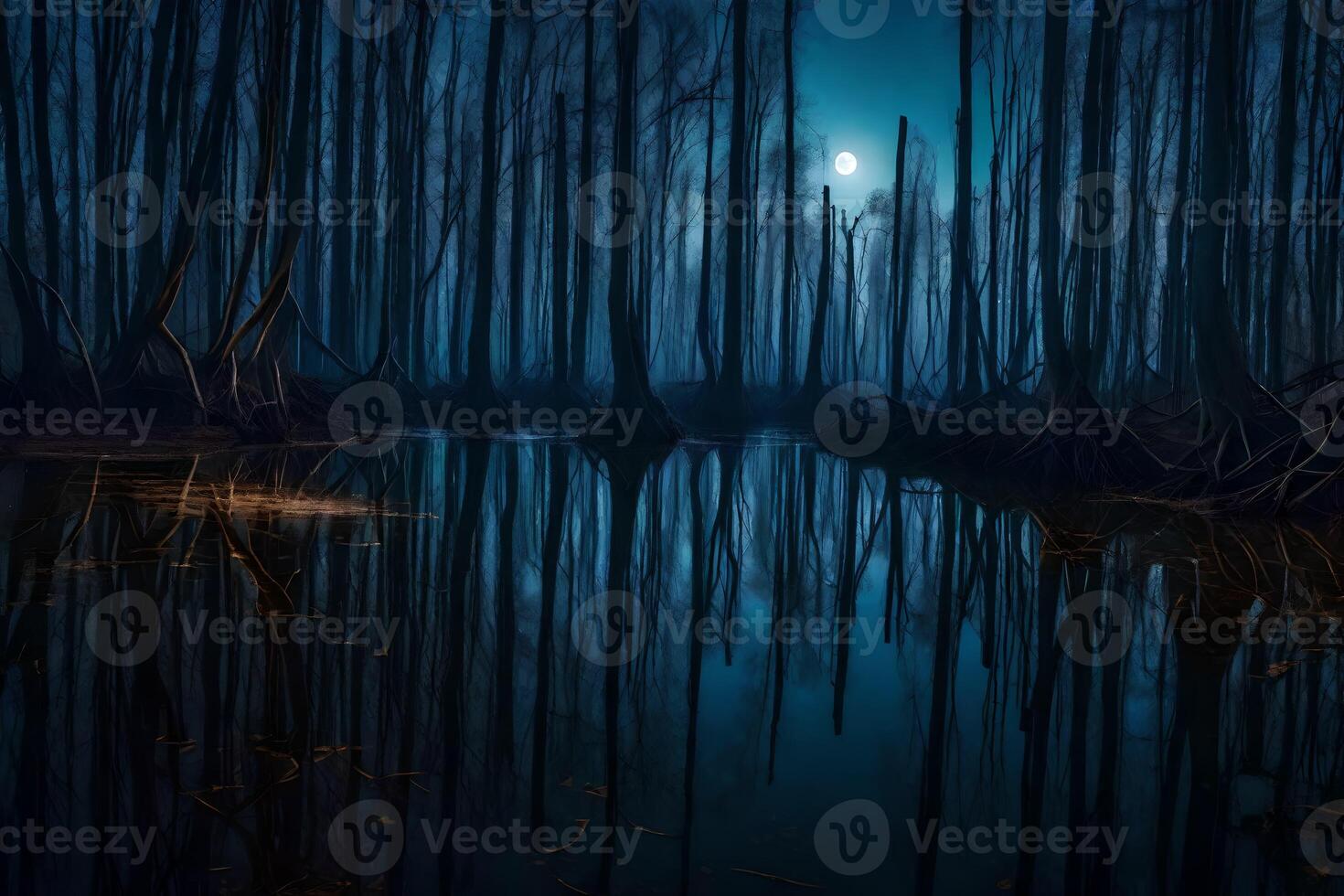 A full moon is reflected in the water at night photo