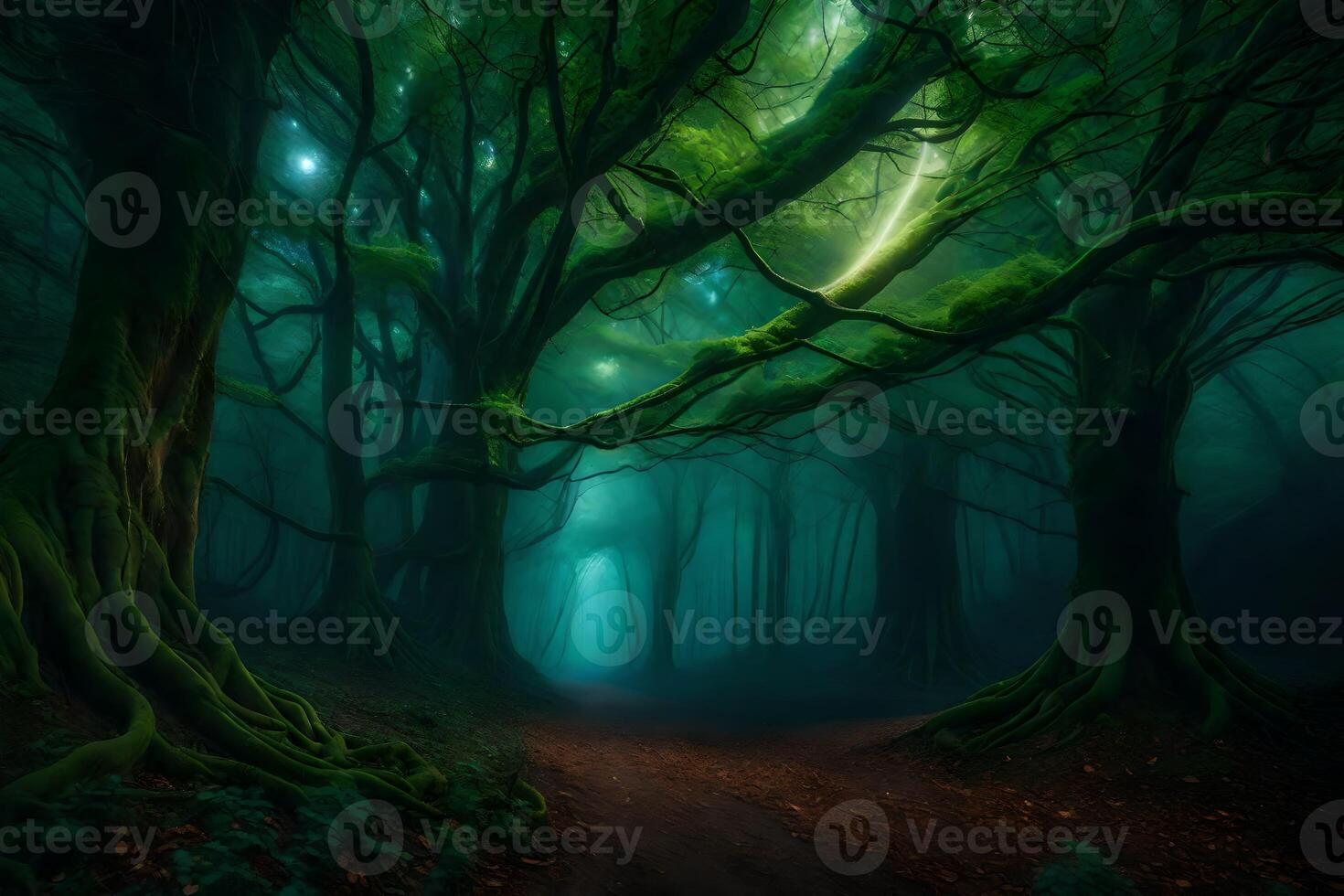 A dark forest with trees and green grass photo