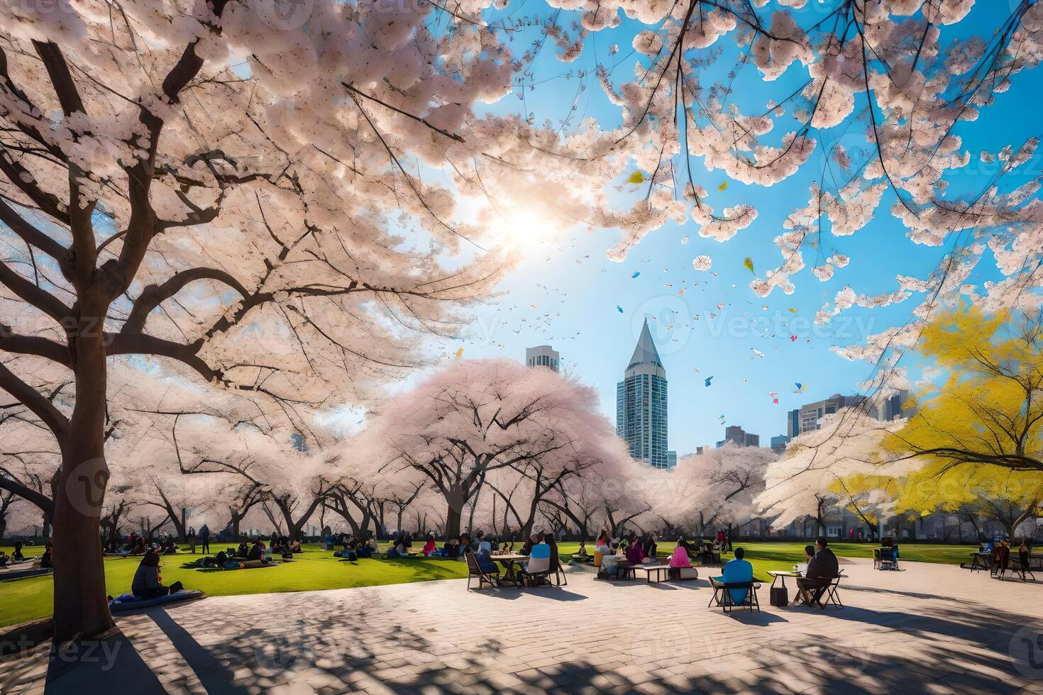 People sitting under cherry blossoms in a park photo