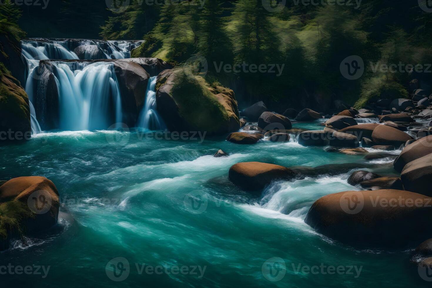 A waterfall is flowing down a river in the forest photo