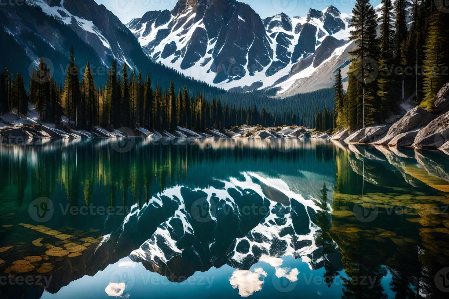 Mountains reflected in a lake with trees in the background photo