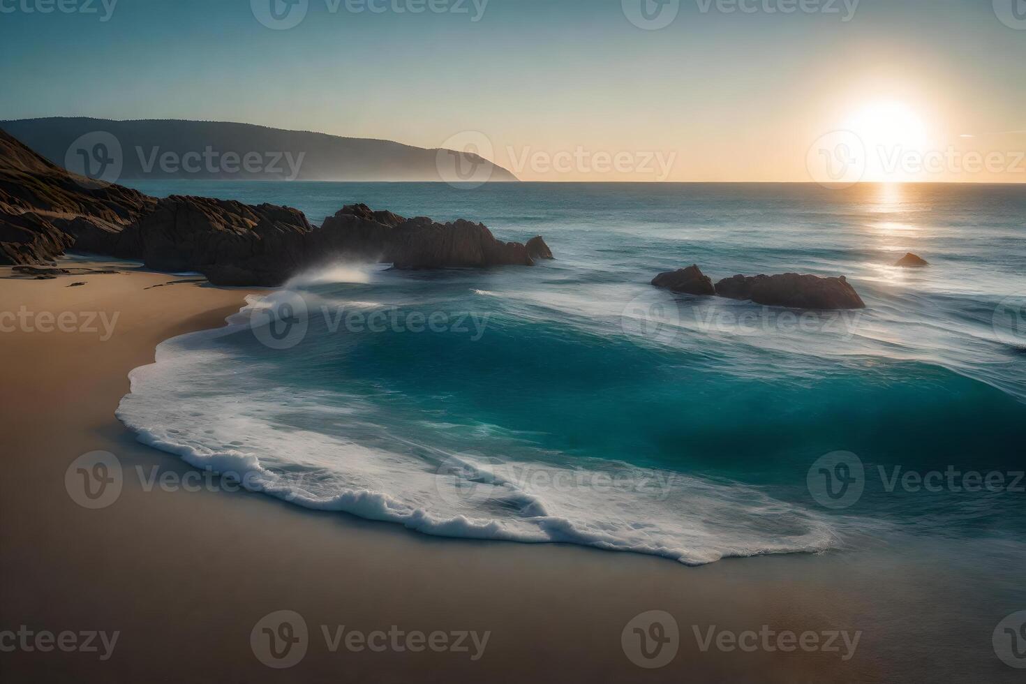 The sun sets over the ocean and waves at a beach photo