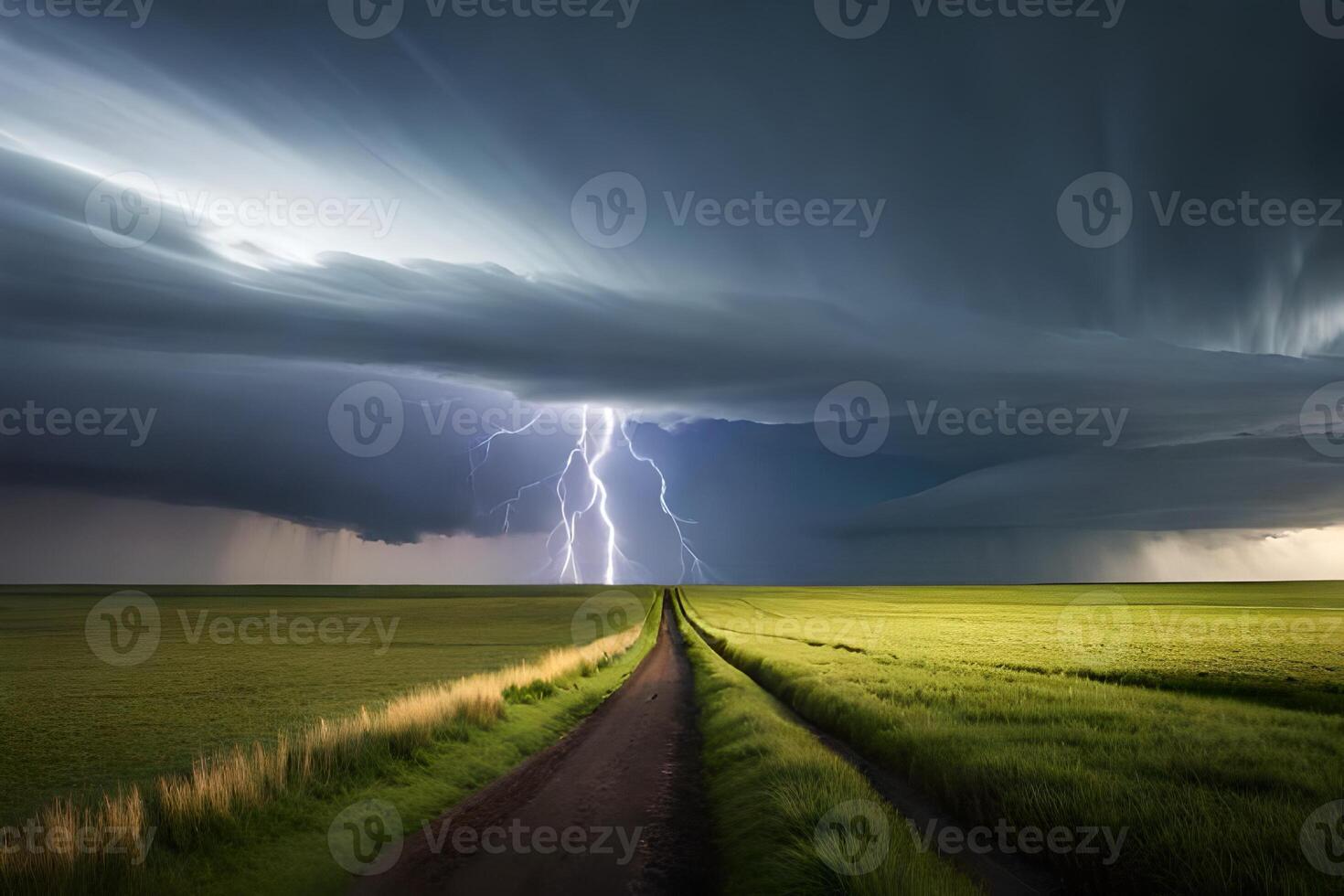 A lightning bolt strikes over a field and road photo