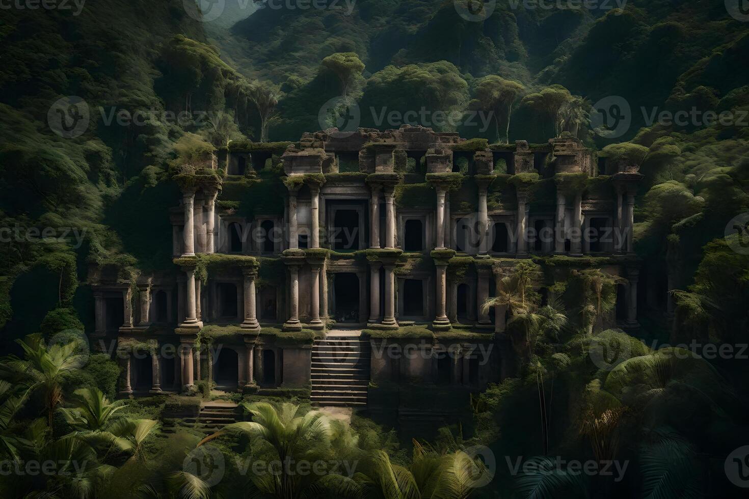 A ruined building in the jungle with trees and plants photo