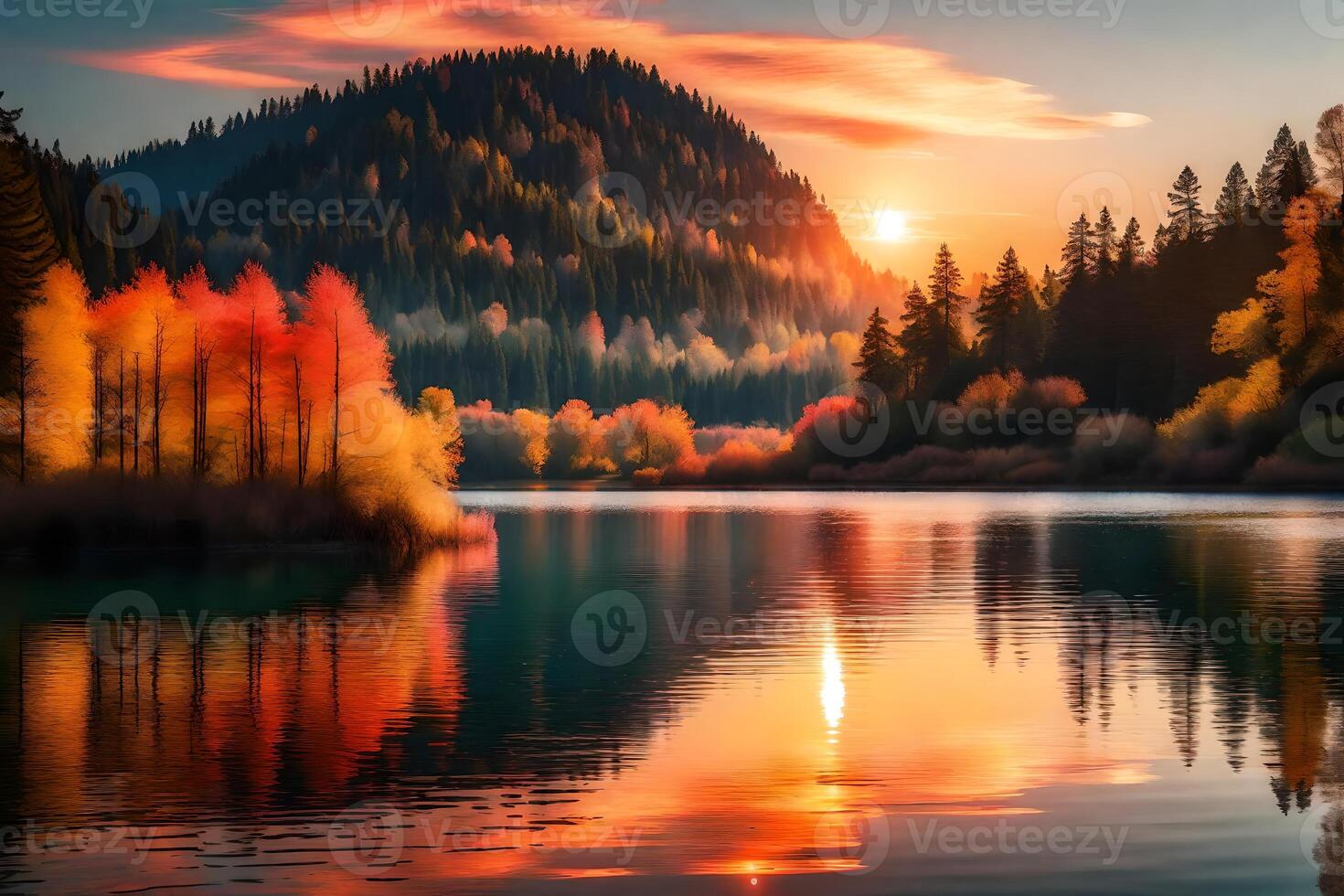 Autumn landscape with trees and water photo