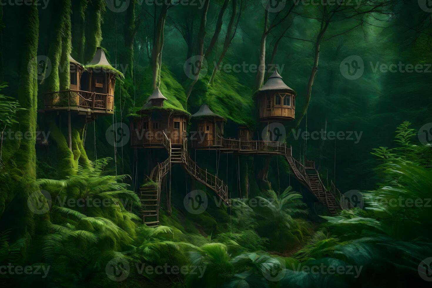A tree house in the middle of a forest photo