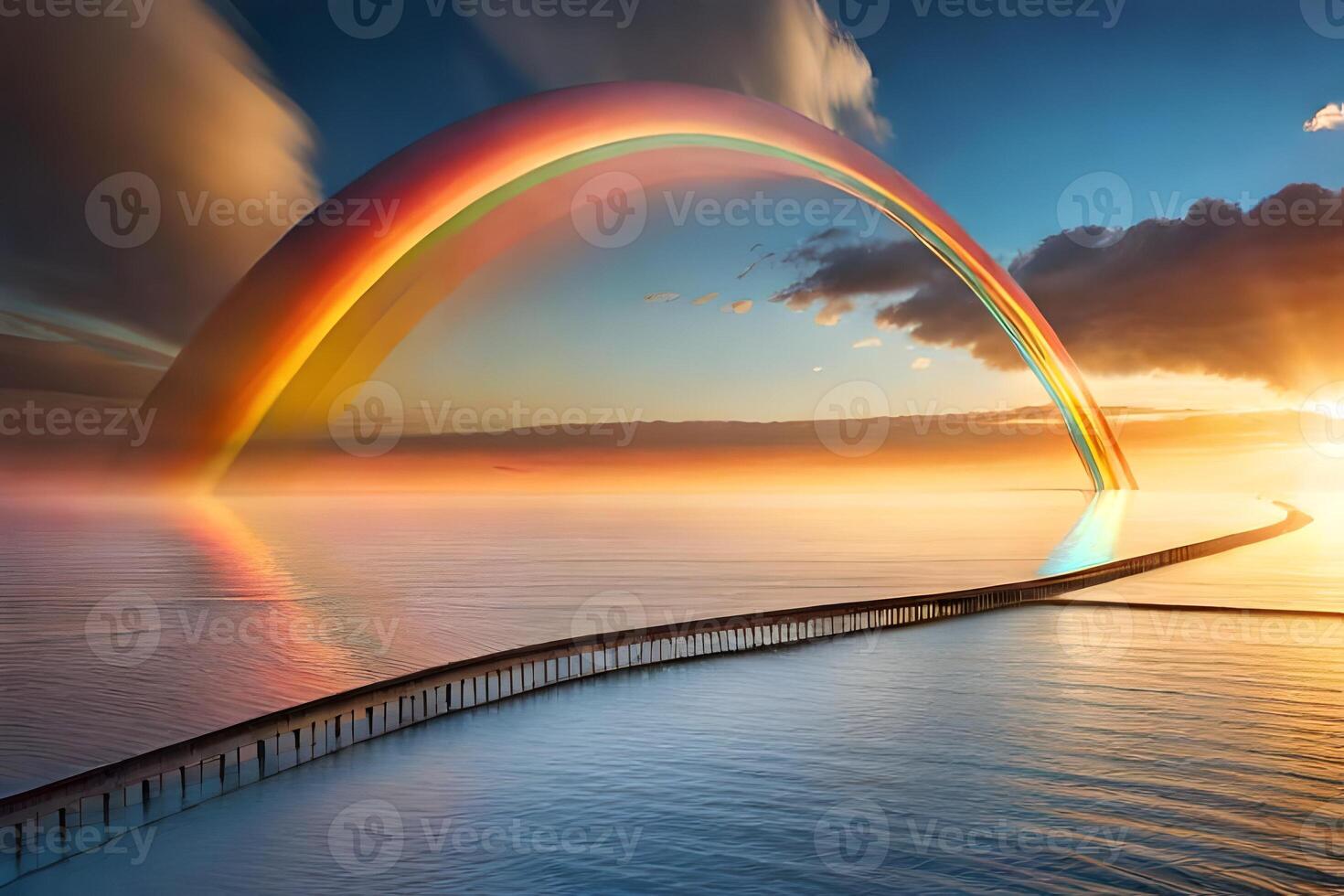 A rainbow over the ocean at sunset photo