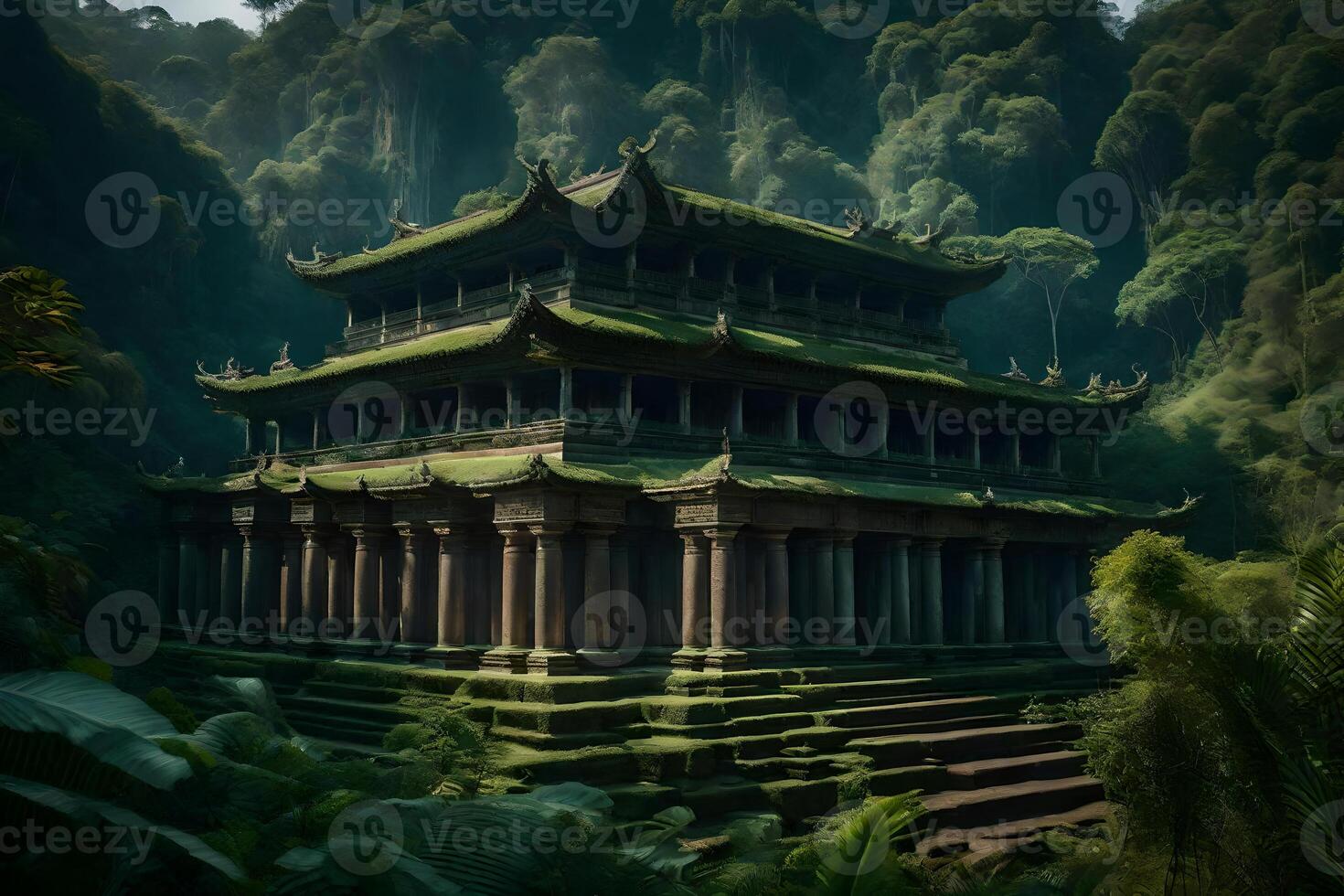 A temple in the jungle with green grass photo
