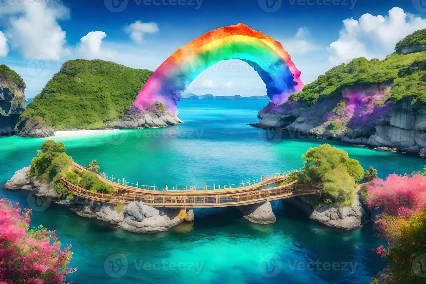 A rainbow bridge over a body of water with colorful flowers photo