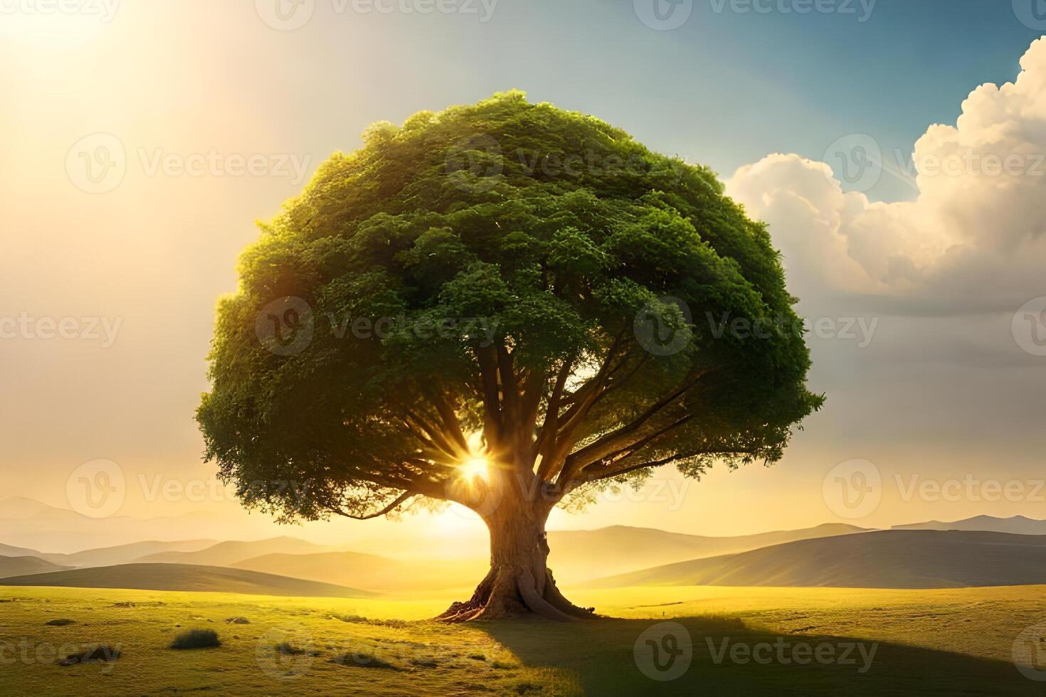 A tree is standing in the middle of a field with the sun shining through it photo