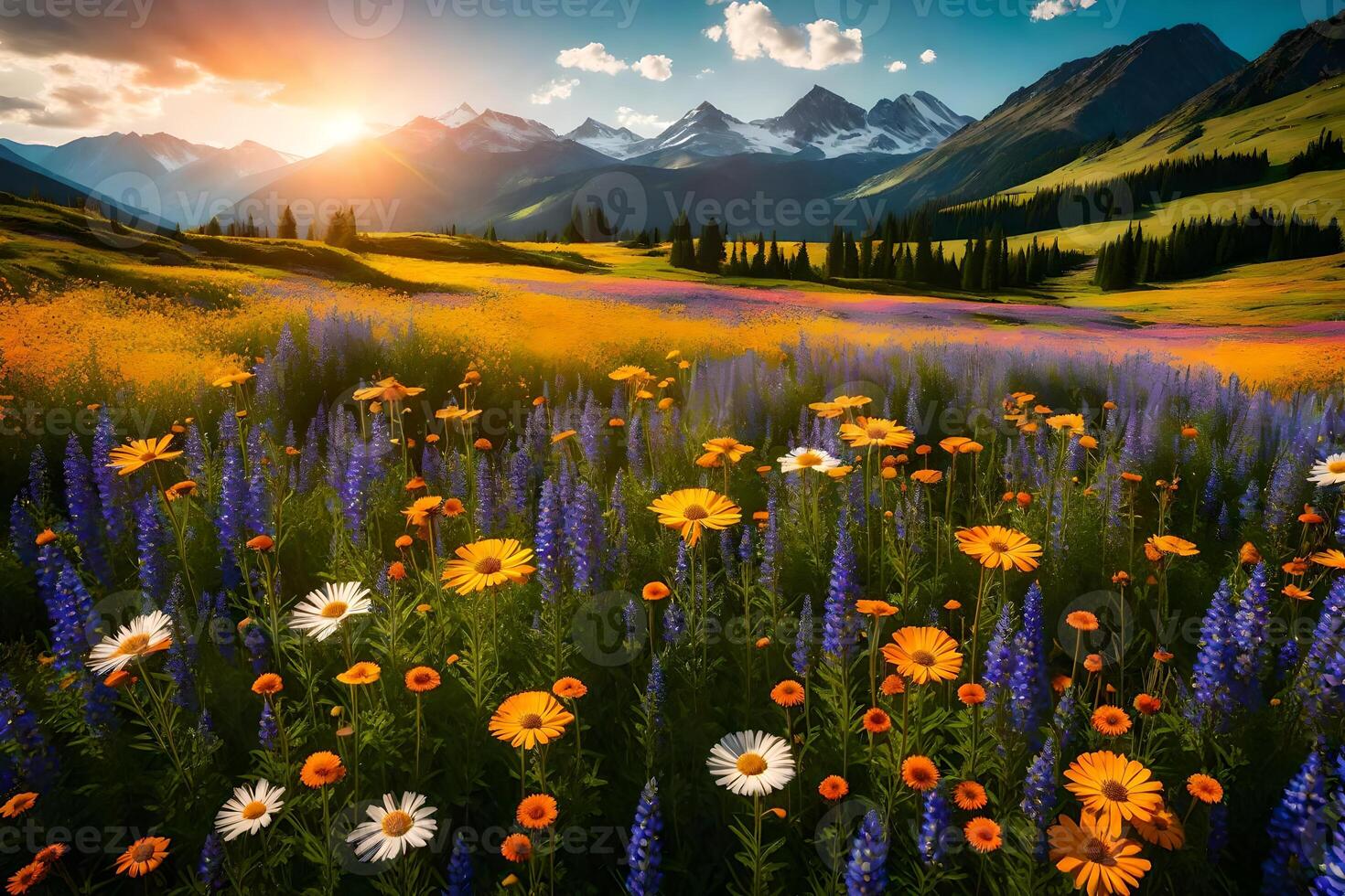Beautiful flowers and mountains in the sunset photo