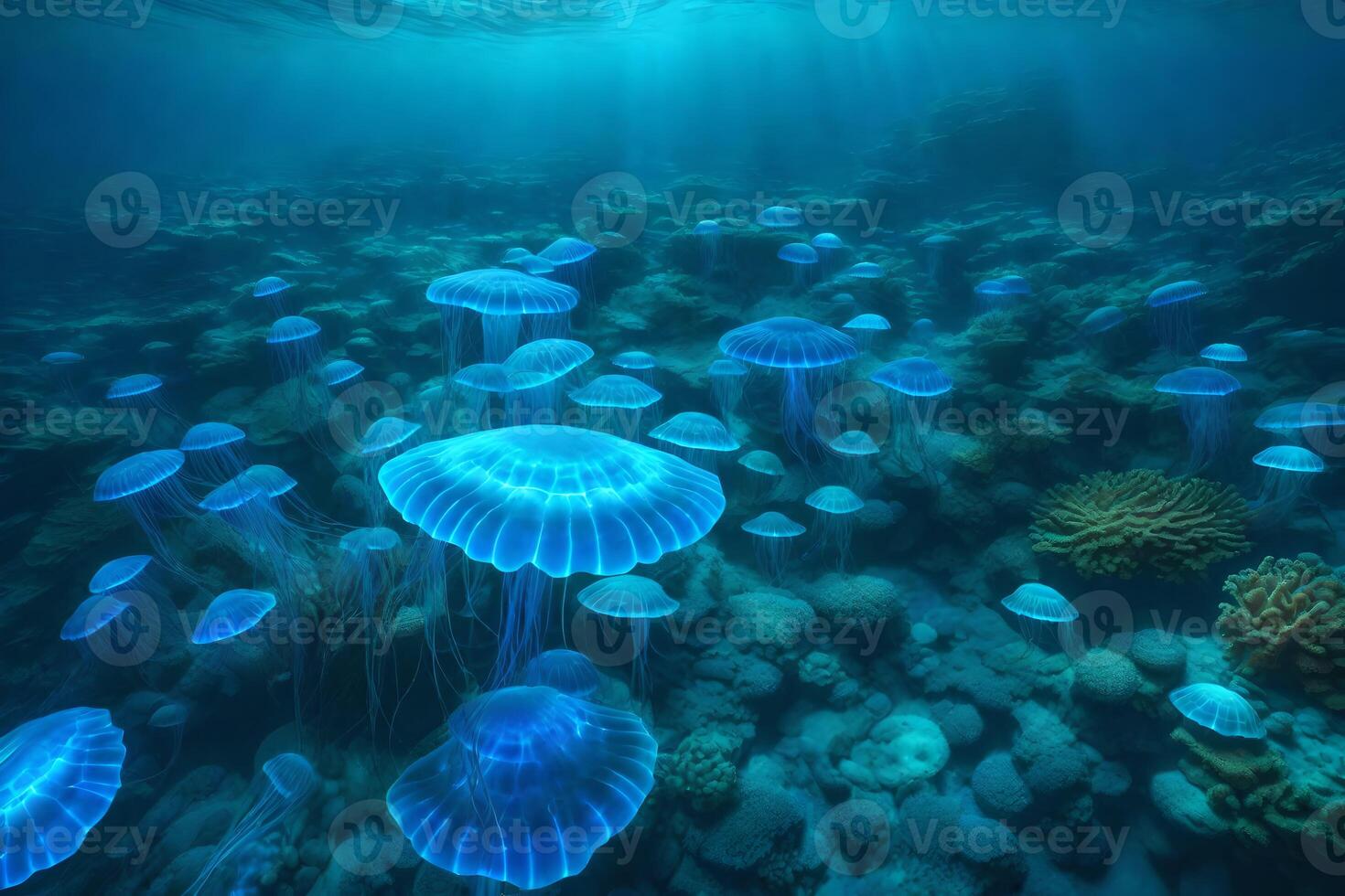 Jellyfish in the ocean with sunlight shining on them photo