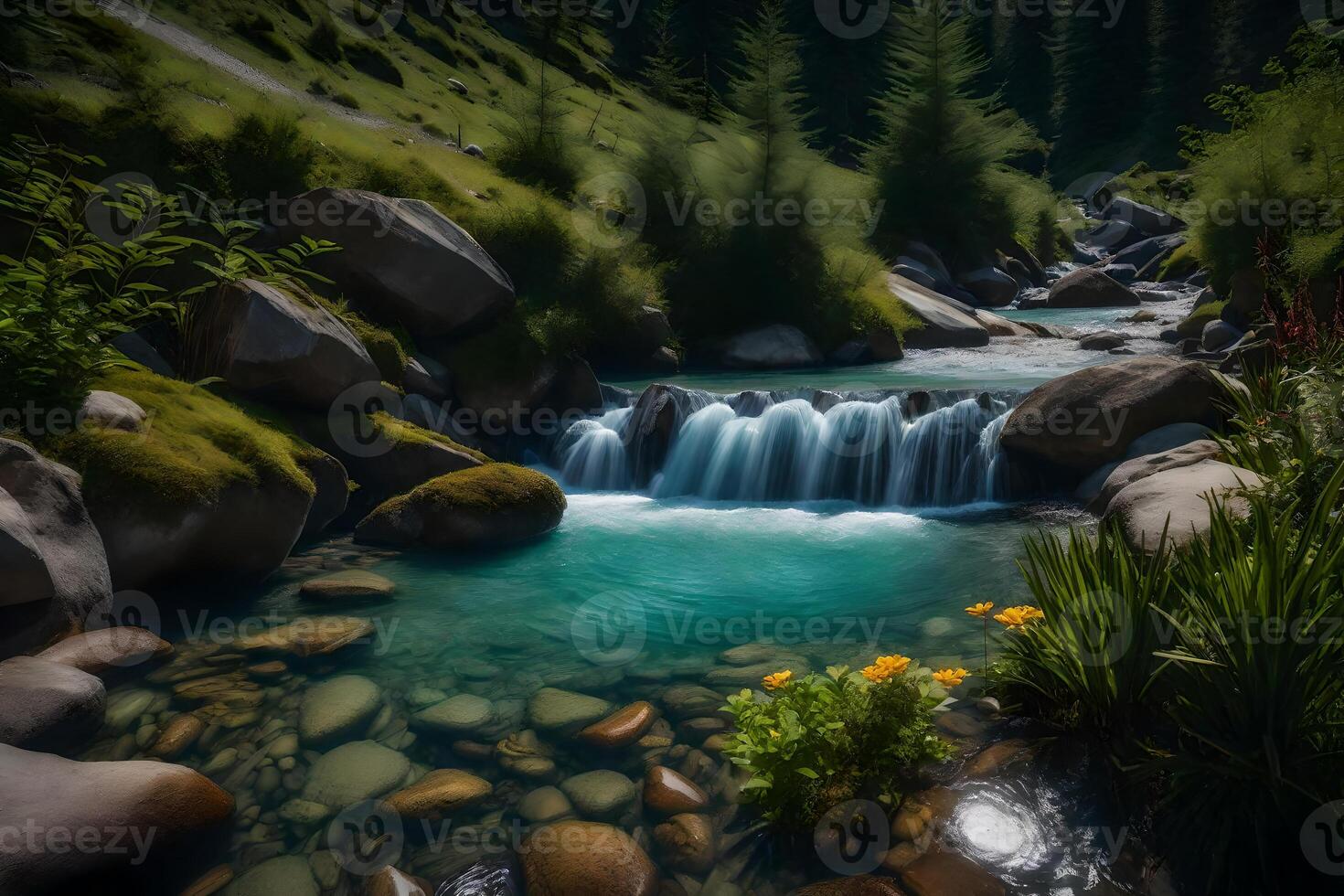 A beautiful waterfall in the middle of a forest photo