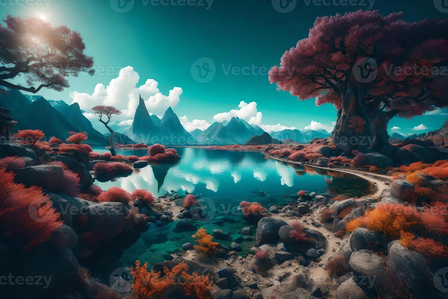 An image of a landscape with trees and water photo