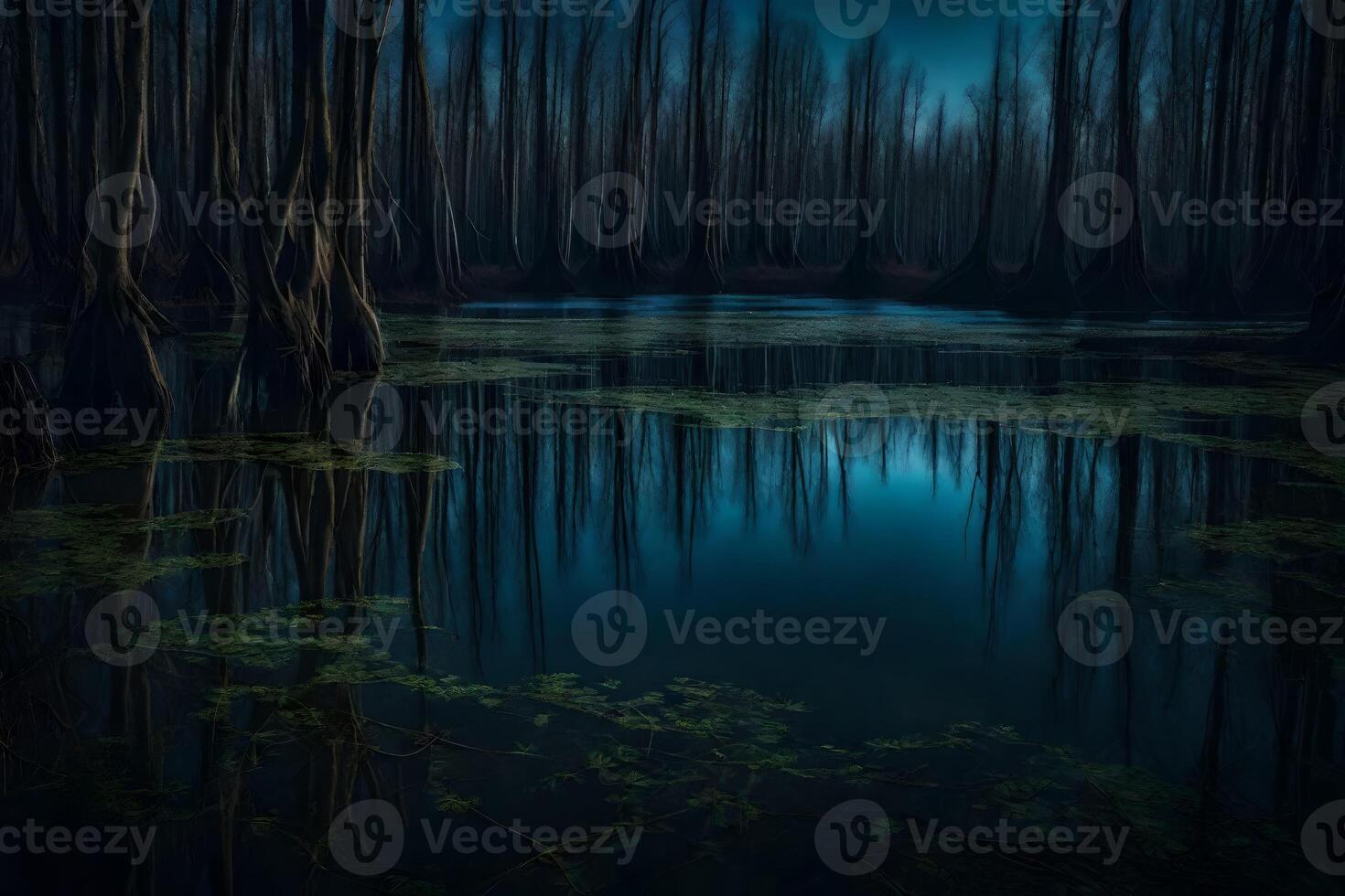 A dark swamp with trees and water photo