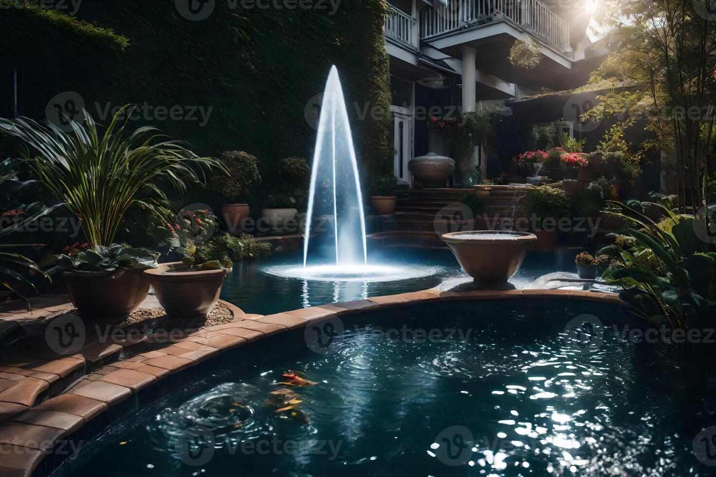 A fountain in a backyard with a pool and plants photo