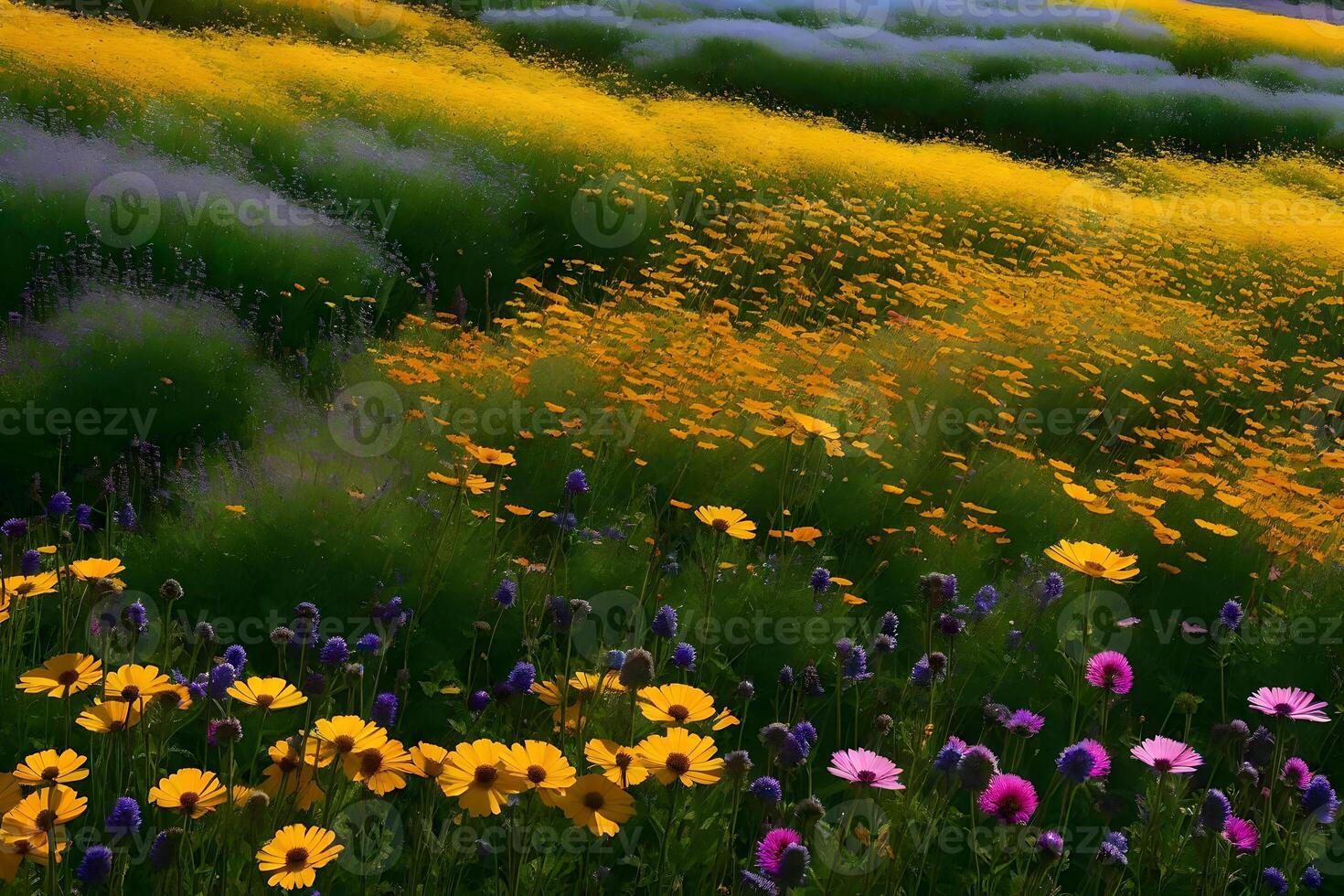 A field of wildflowers with purple, yellow and orange flowers photo