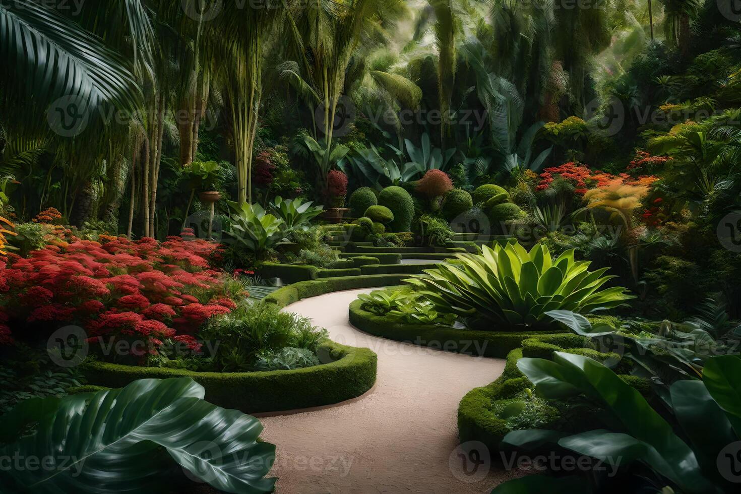 A pathway through a tropical garden with lush plants photo