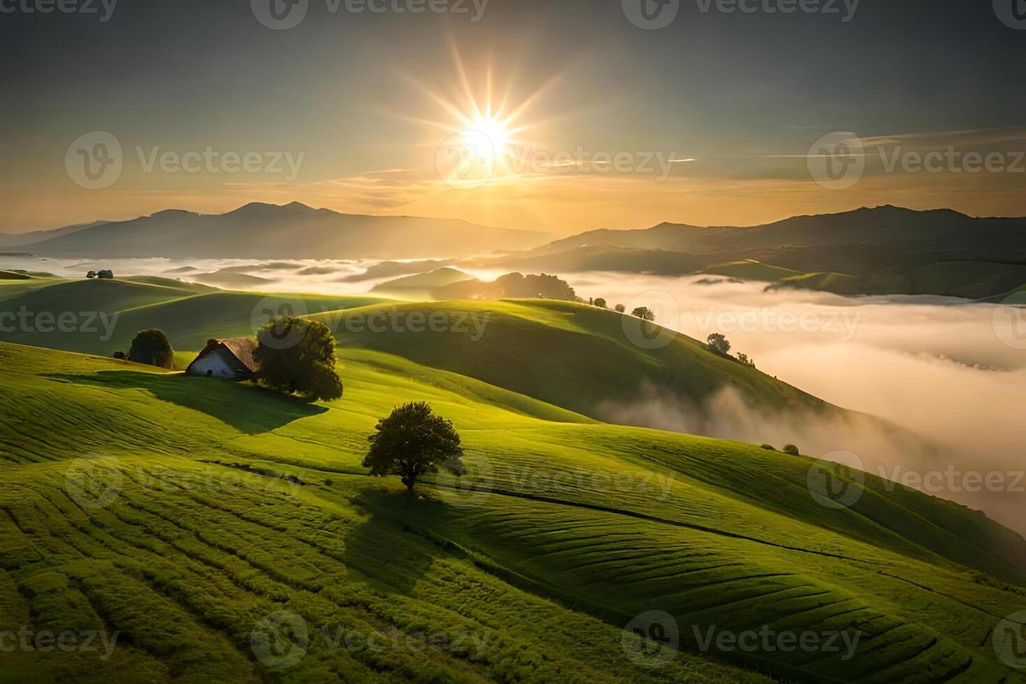 The sun rises over a green valley and a house photo