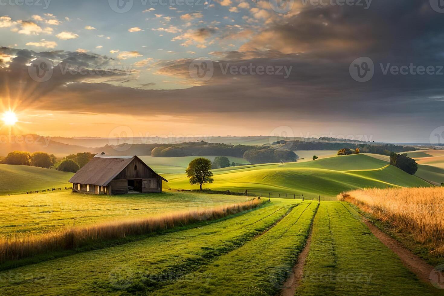 A barn in the countryside at sunset photo