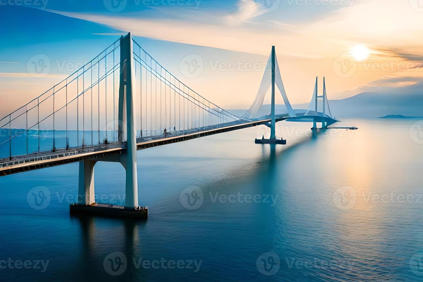 A bridge spanning across the ocean at sunset photo