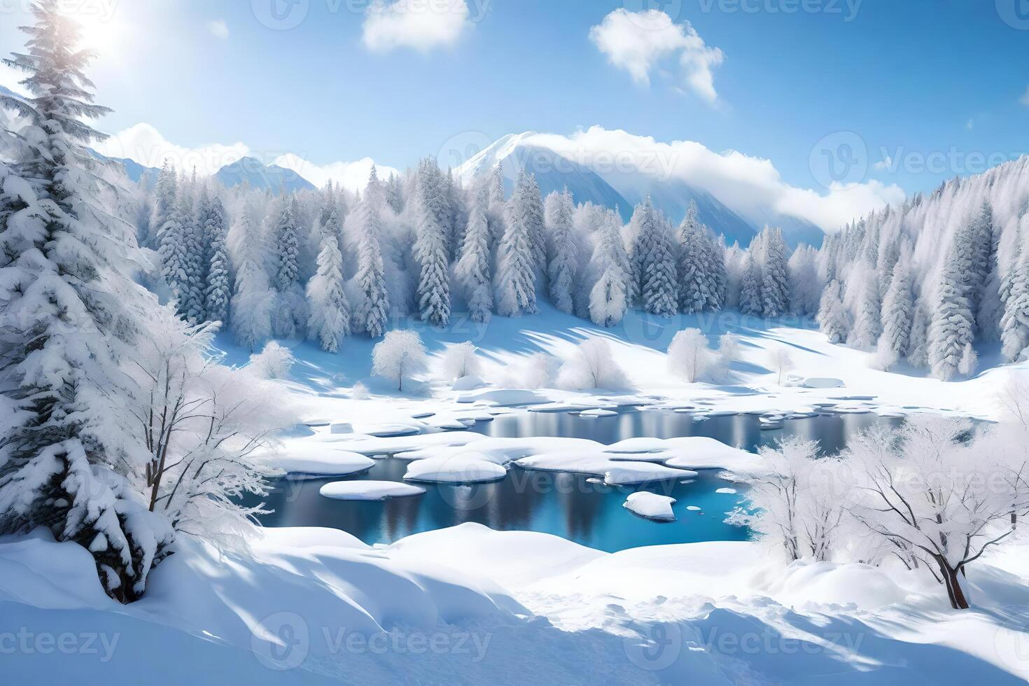 Winter landscape with snow covered trees and water photo