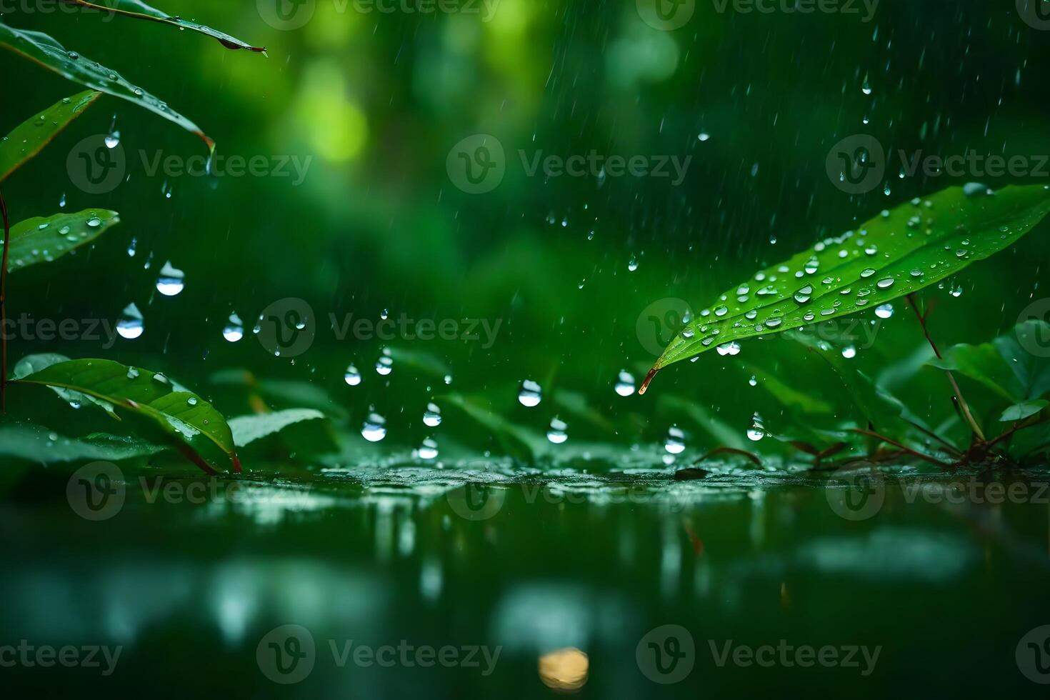 Raindrops on leaves and water in the forest photo