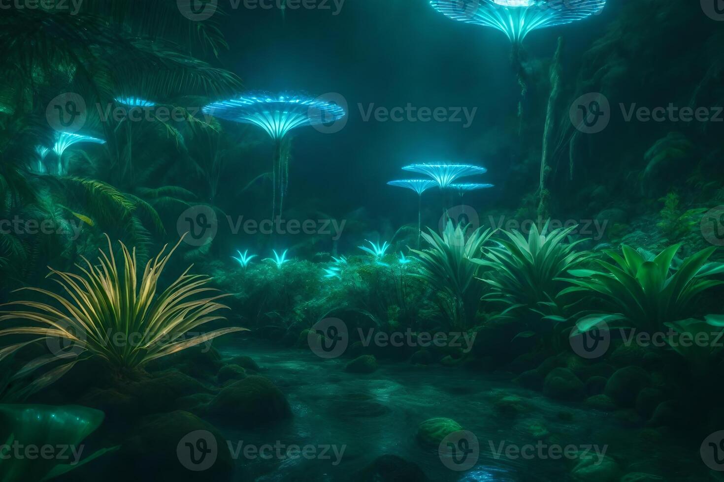 A forest with mushrooms and plants photo