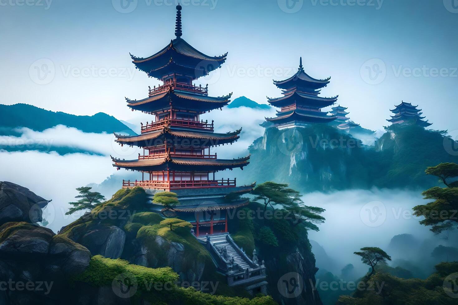 A chinese pagoda on top of a mountain photo