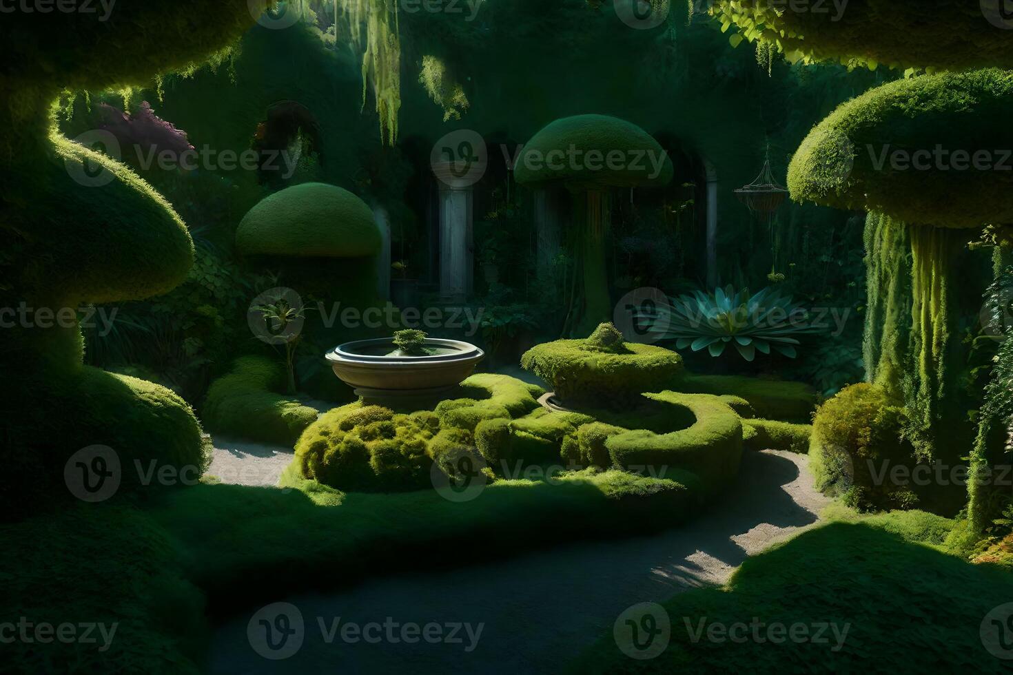A garden with a fountain and mossy plants photo