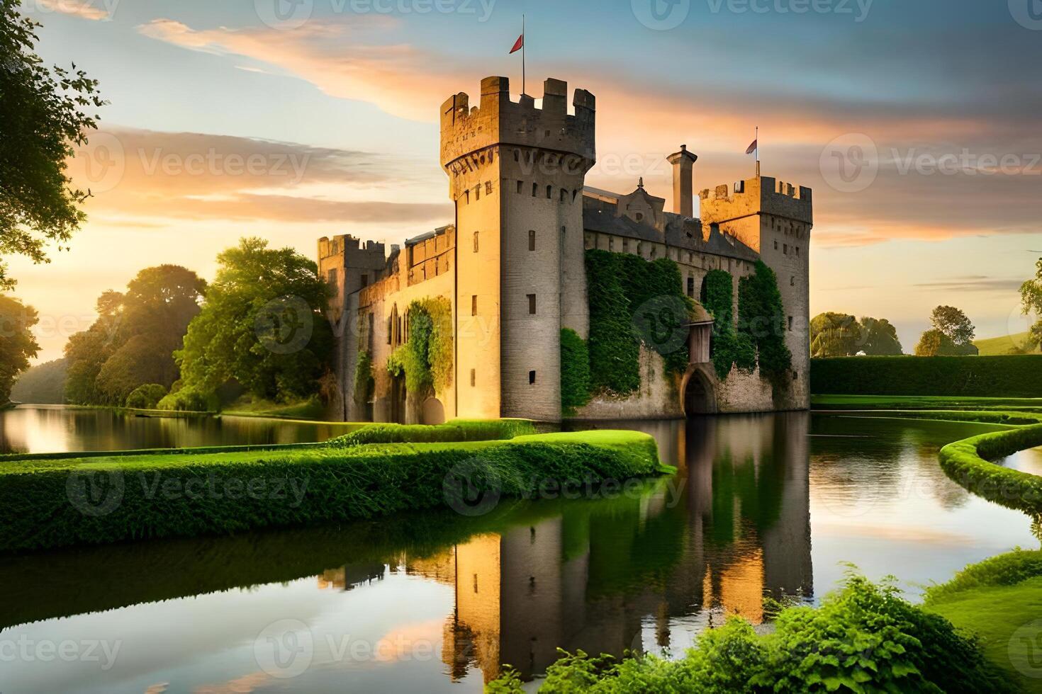 A castle sits on a lake surrounded by green grass photo