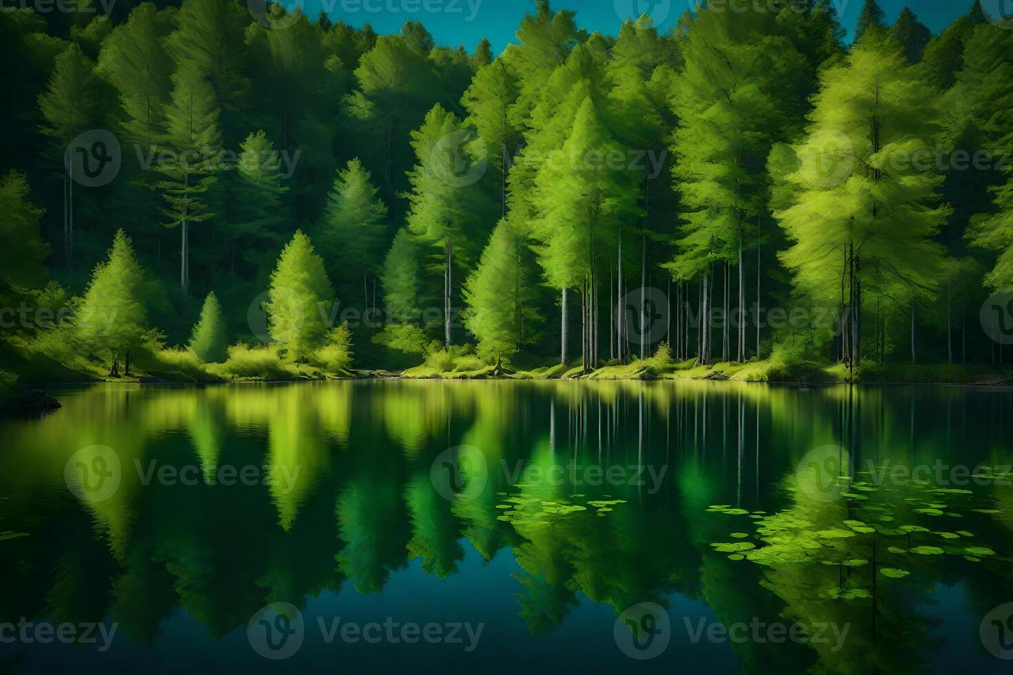 A painting of green trees reflected in a lake photo