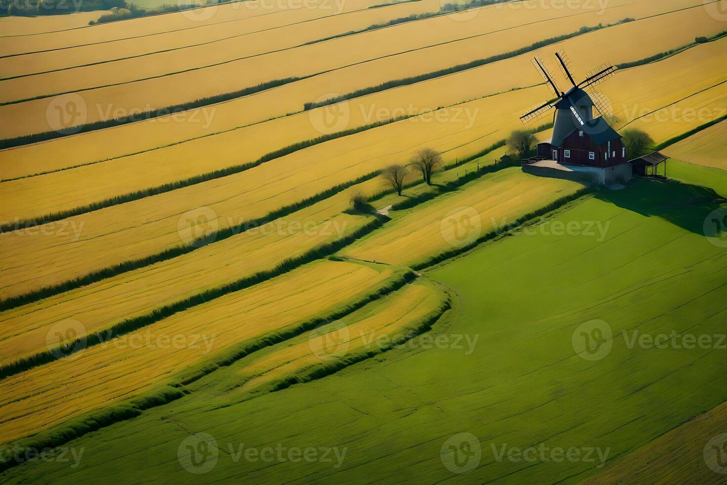 A windmill is seen in the distance in a field photo