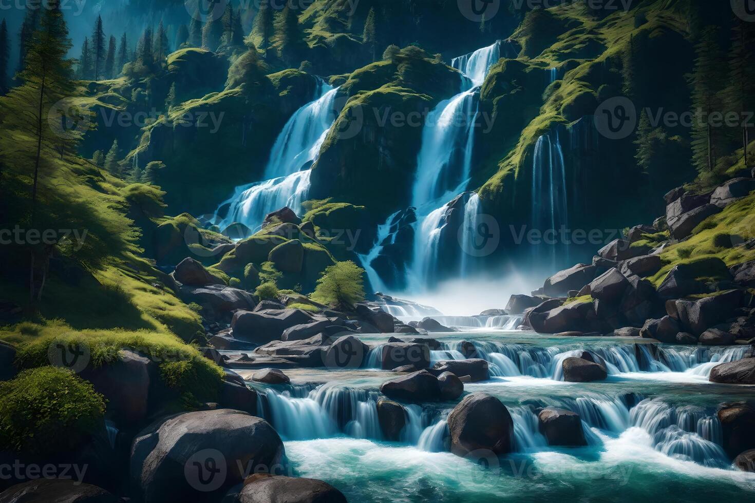 A waterfall in the mountains with rocks and trees photo