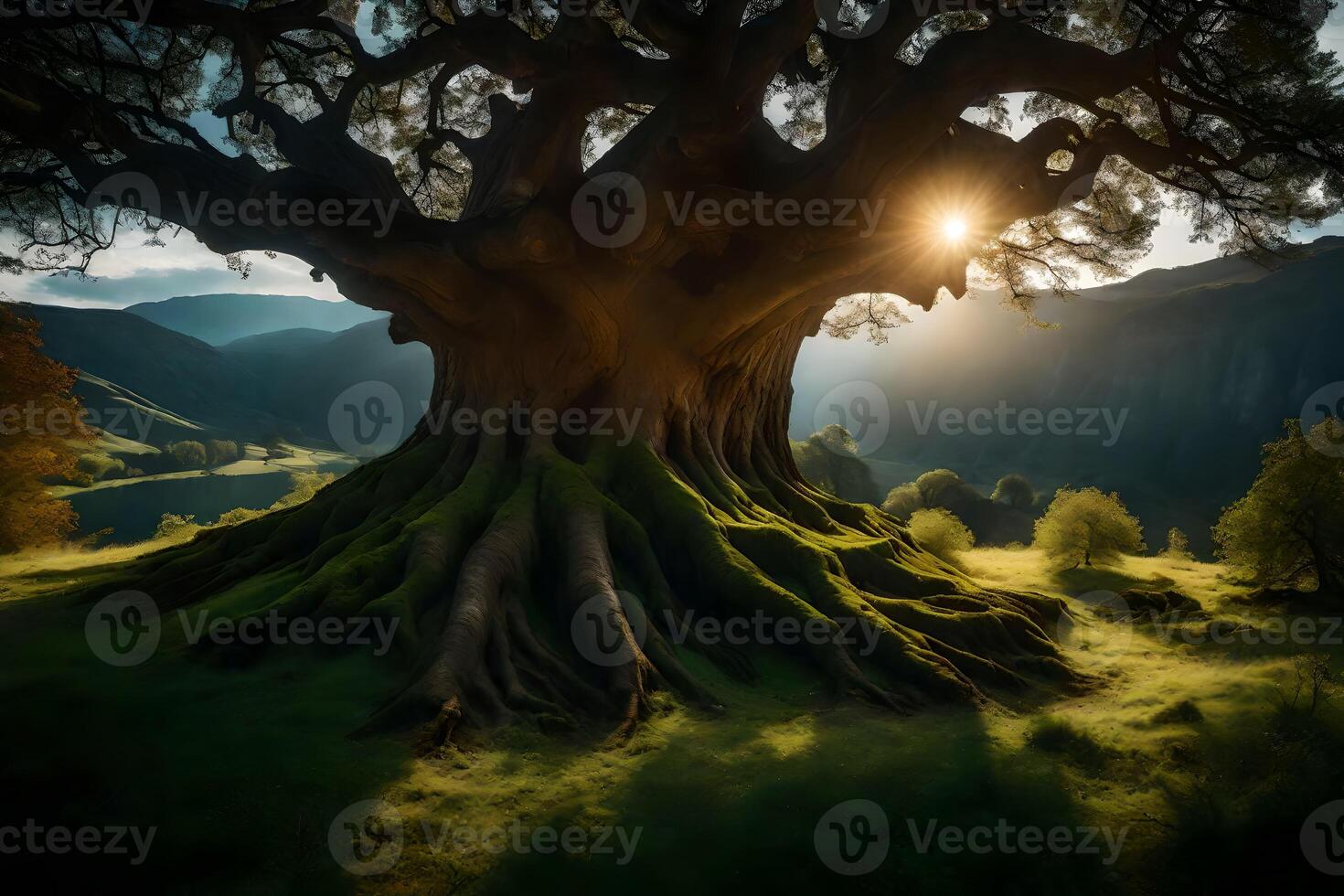 The sun shines through the tree trunk of an old oak tree photo