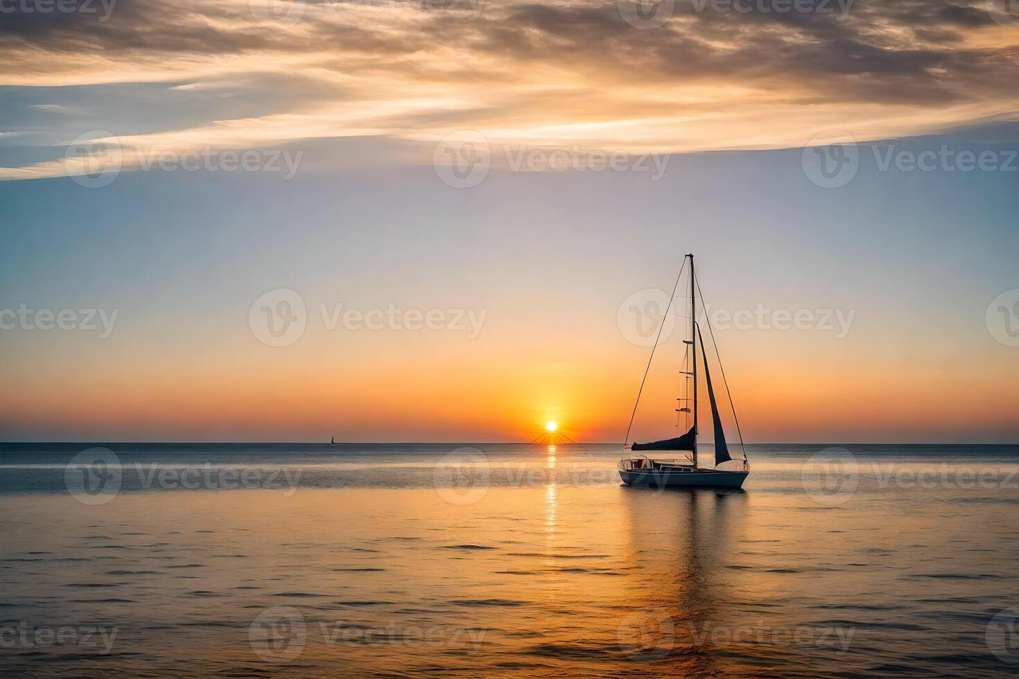 A sailboat is sailing in the ocean at sunset photo