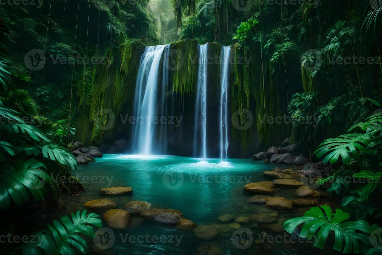 A waterfall in the jungle with green plants and water photo