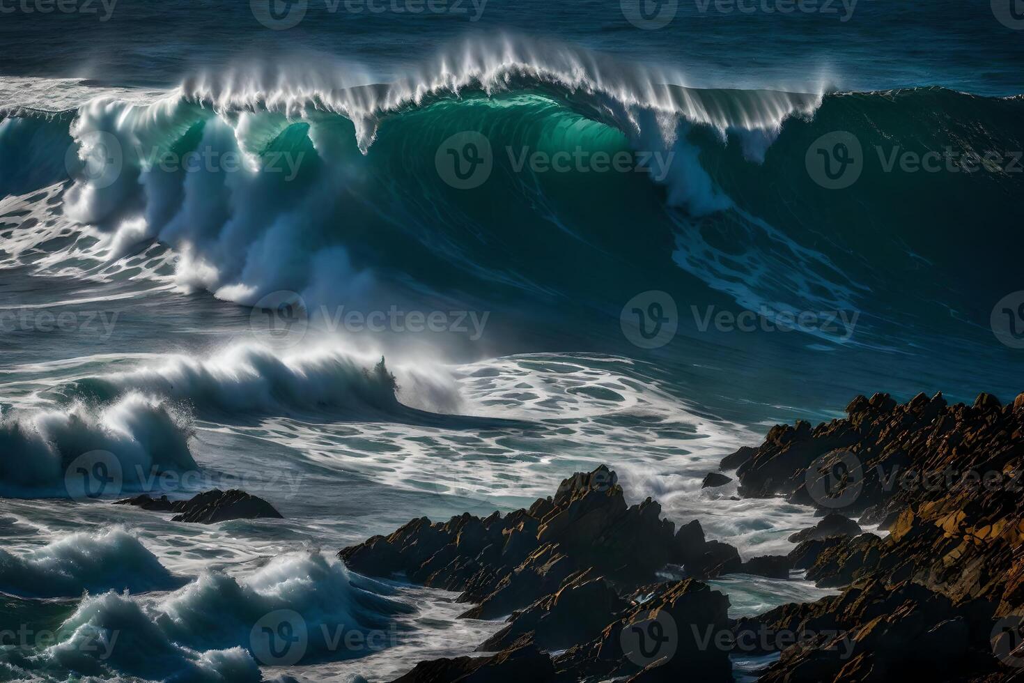 A large wave breaking on the rocks photo