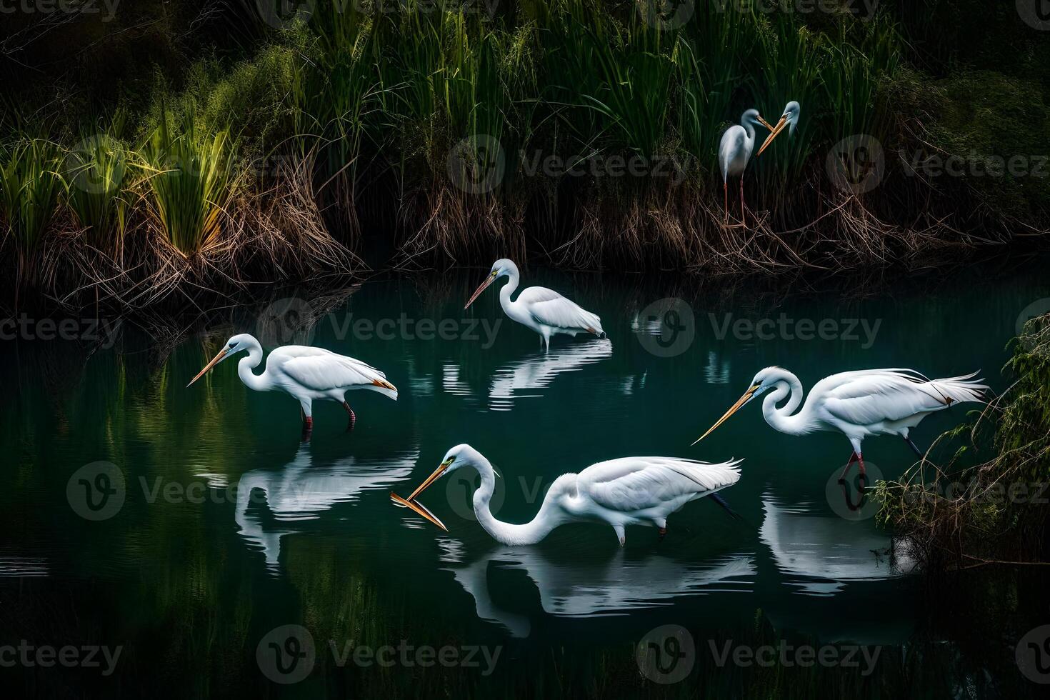 A group of white birds are swimming in the water photo