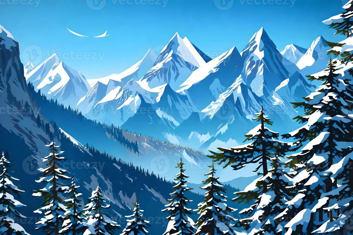A painting of a snowy mountain range with trees photo