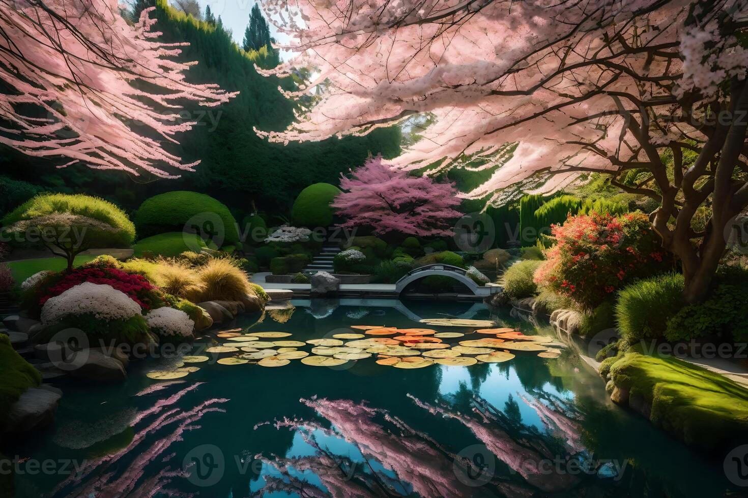 A pond with pink flowers and trees photo