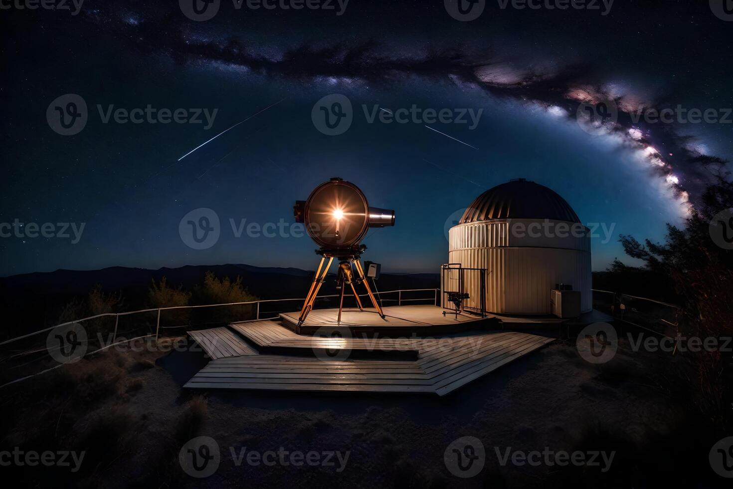 A telescope and a starry sky at night photo