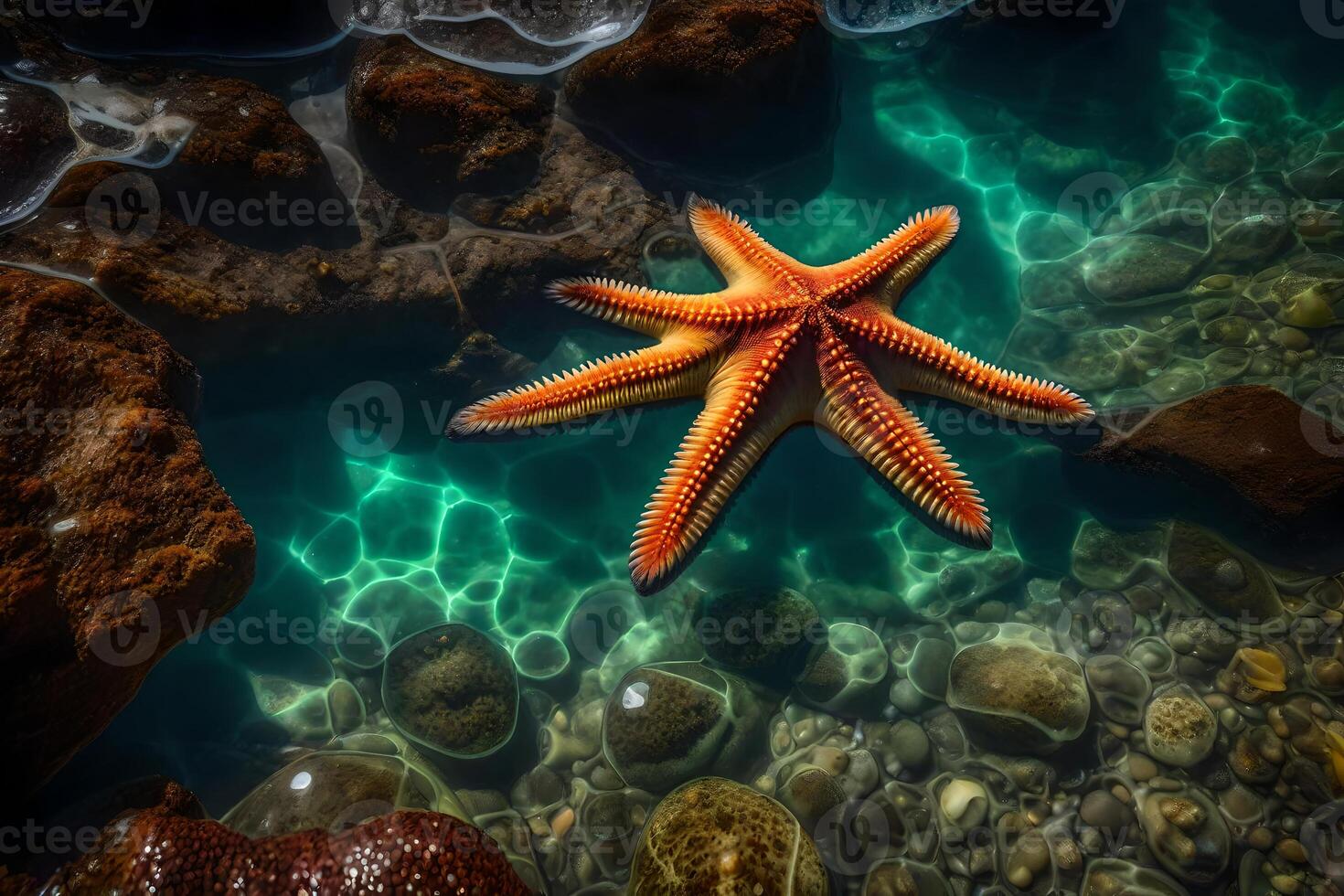 A starfish is swimming in the ocean near rocks photo