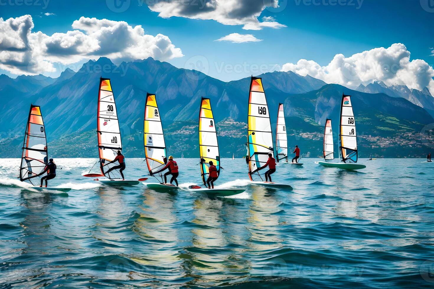 Windsurfers in the water with mountains in the background photo