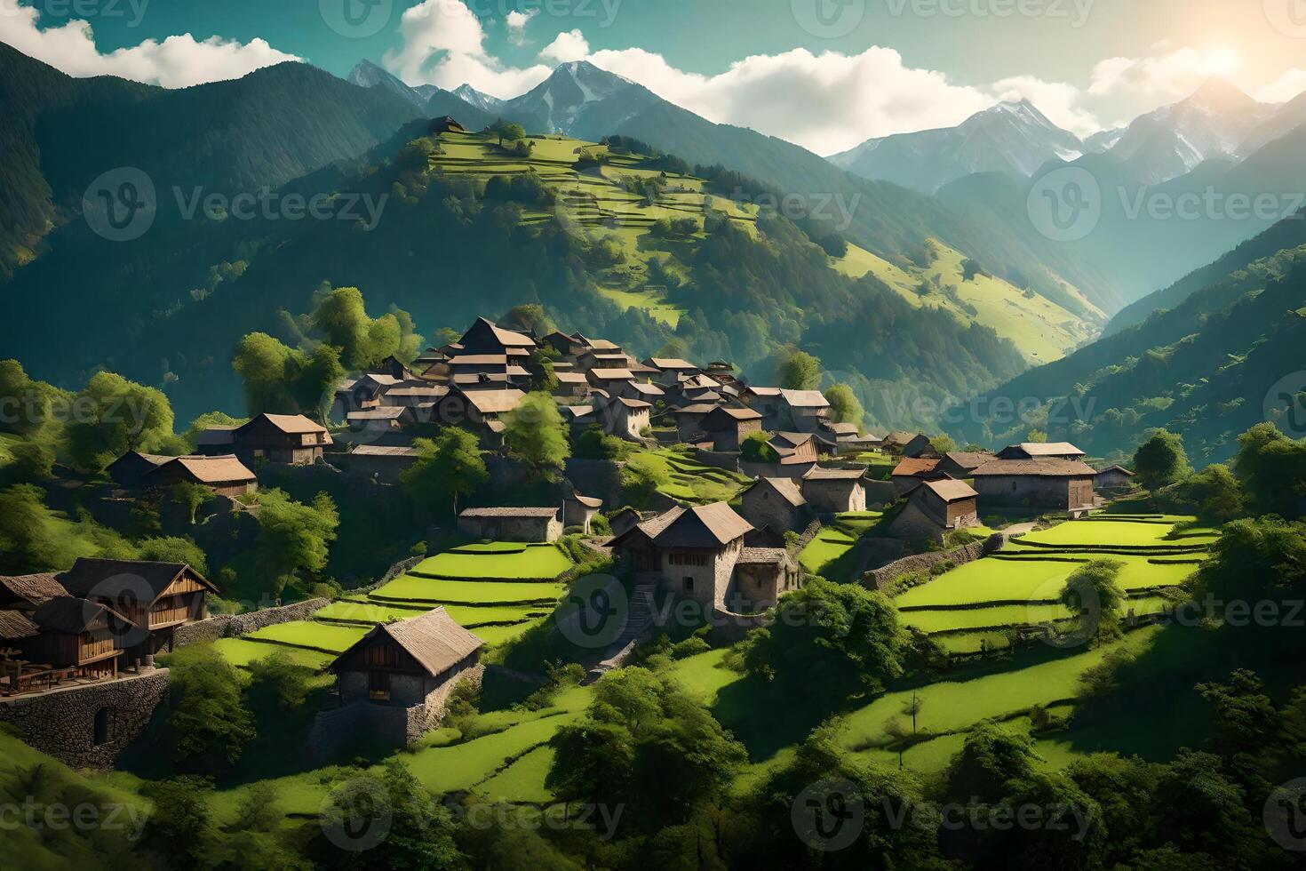 An aerial view of a village in the mountains photo