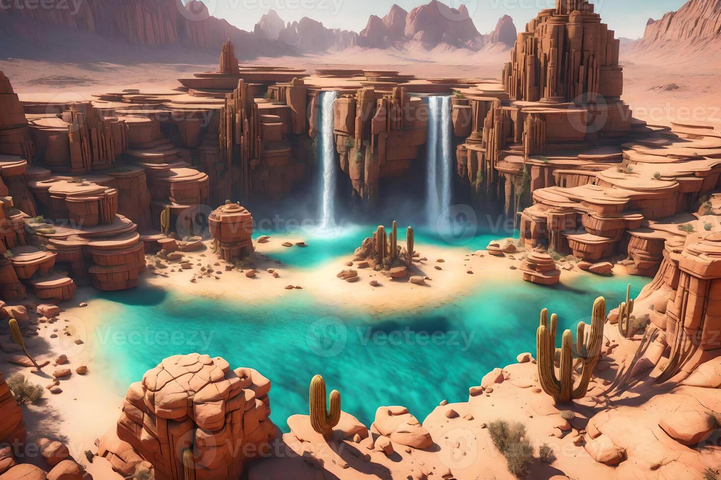 A desert landscape with waterfalls and cactus photo