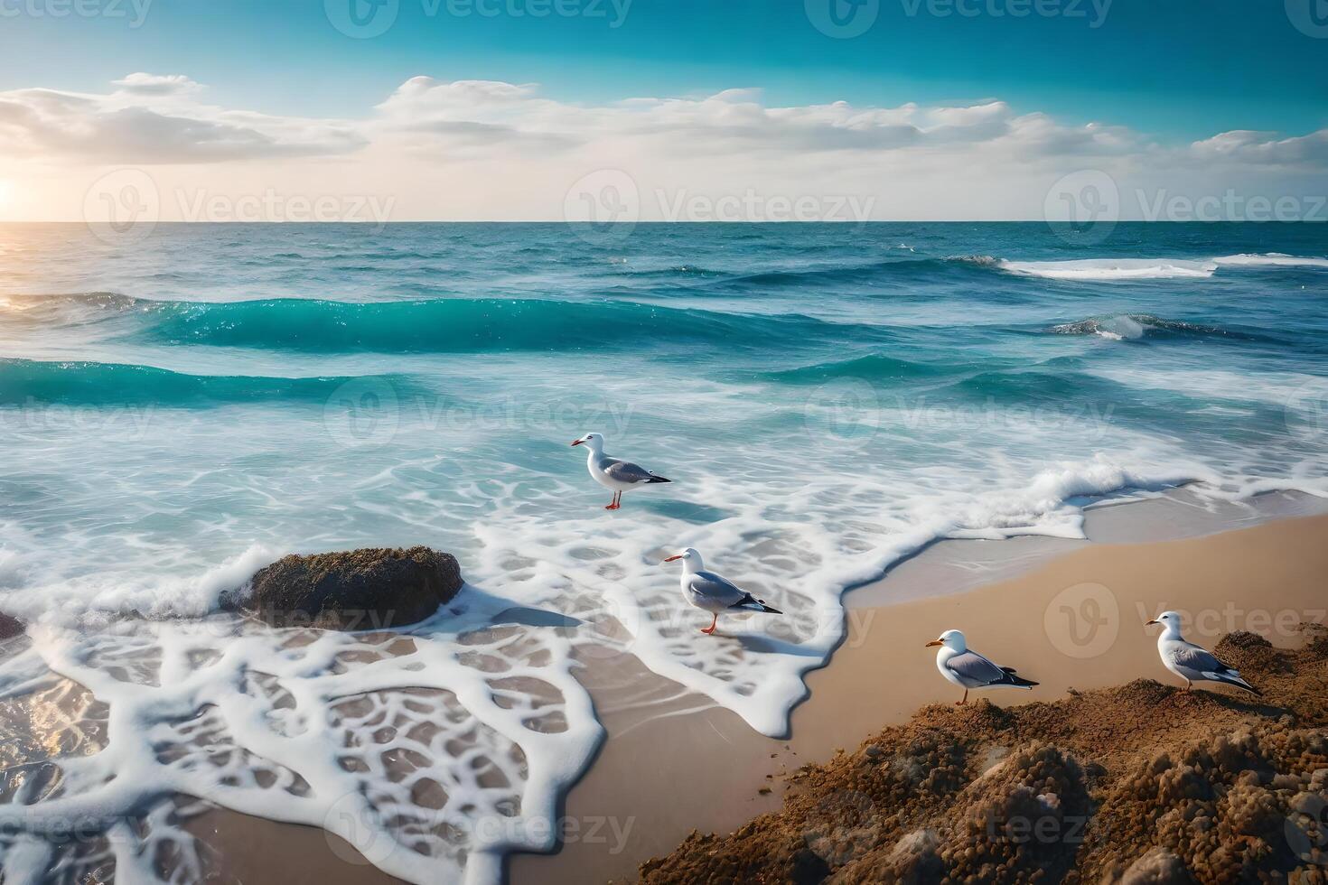 Seagulls on the beach at sunset photo