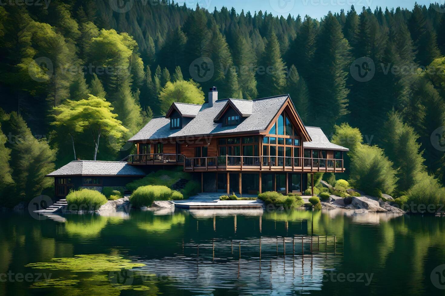 A house on a small island surrounded by trees photo