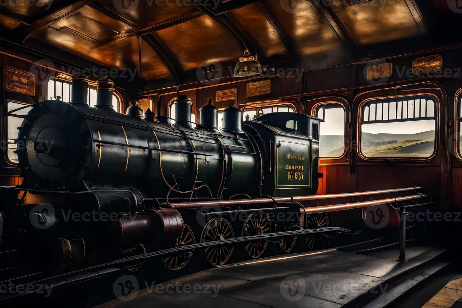 An old fashioned train engine is sitting in a train car photo
