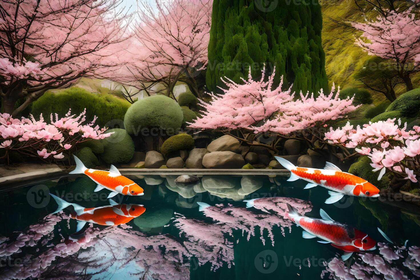 Koi fish in a pond with cherry blossoms photo